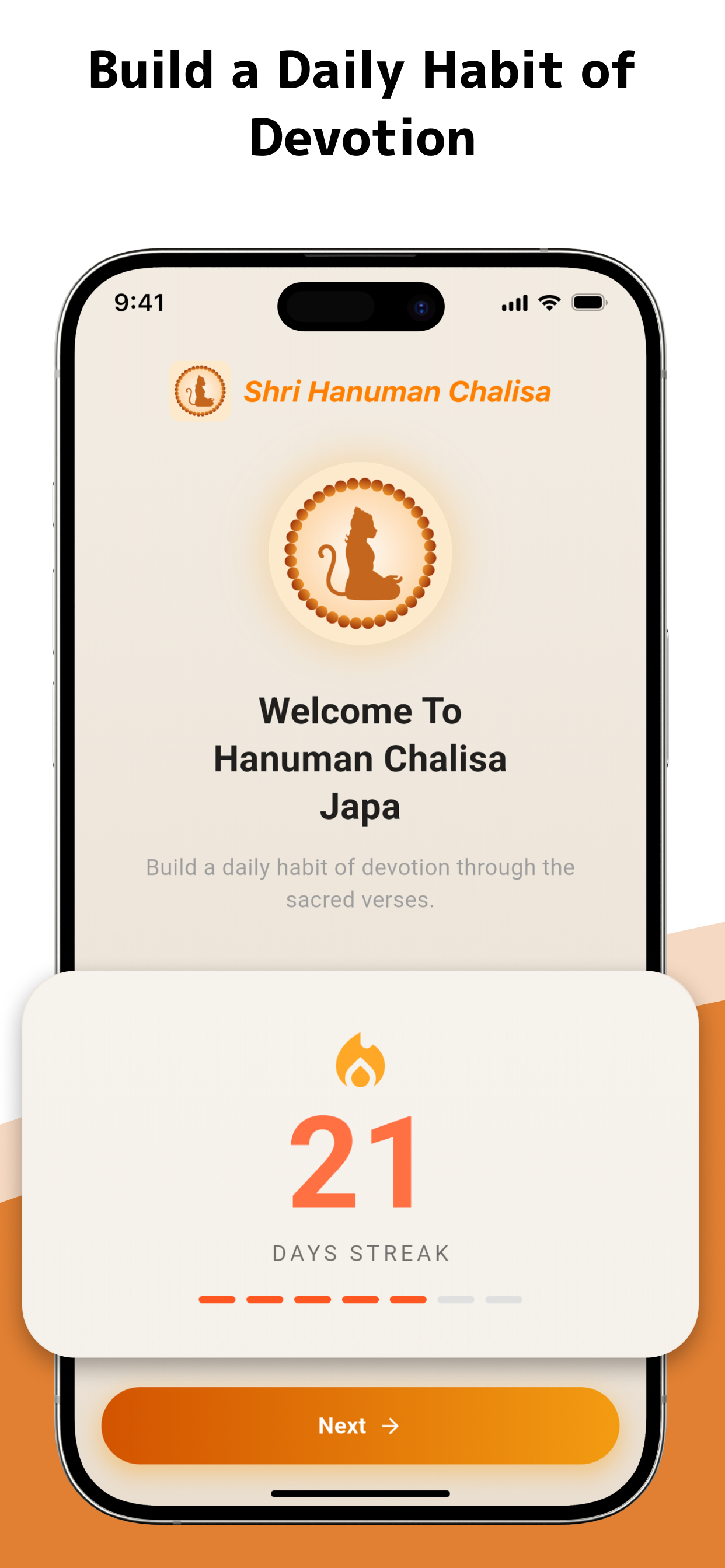 Hanuman Chalisa Japa app welcome screen — Build a daily habit of devotion, 21 days streak
