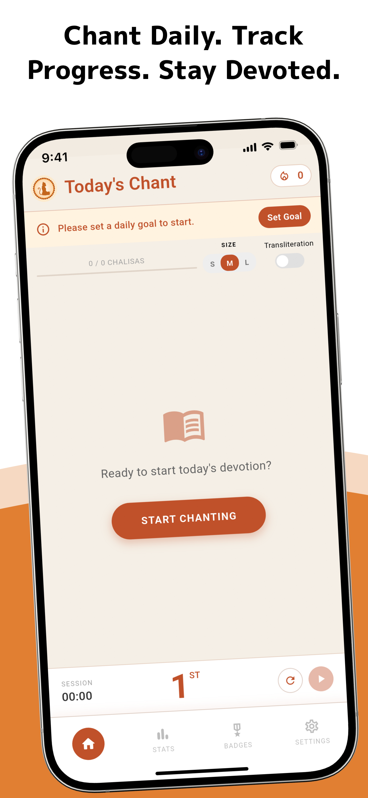 Hanuman Chalisa Japa Today's Chant screen with Start Chanting button and transliteration toggle