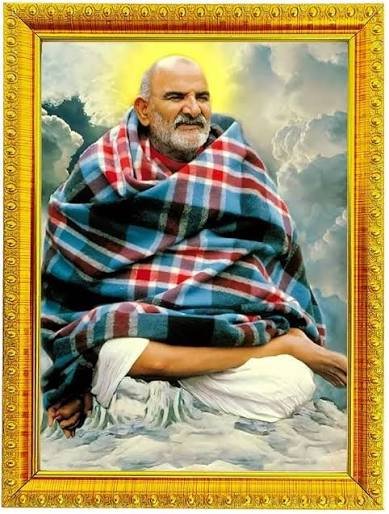 Neem Karoli Baba Maharaj Ji seated in his plaid blanket — devotional portrait